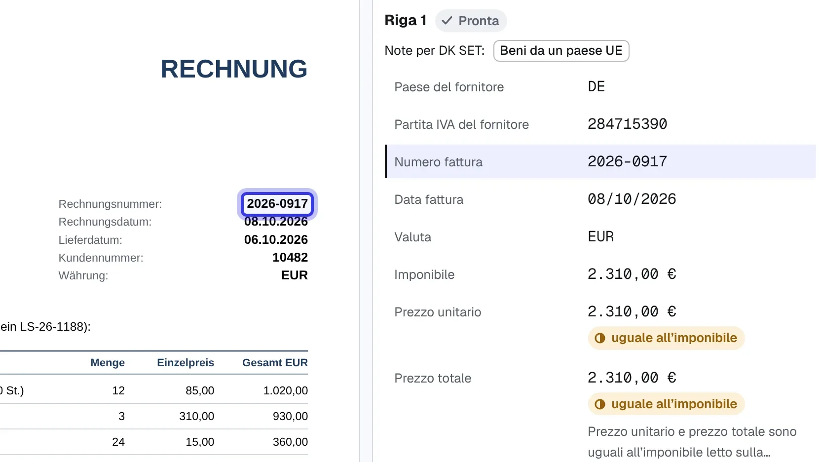 Il PDF di una fattura tedesca con il numero evidenziato, accanto al numero letto da Ivy