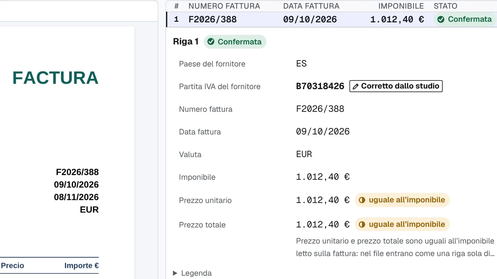 La partita IVA di un fornitore scritta dallo studio, segnata come Corretto dallo studio