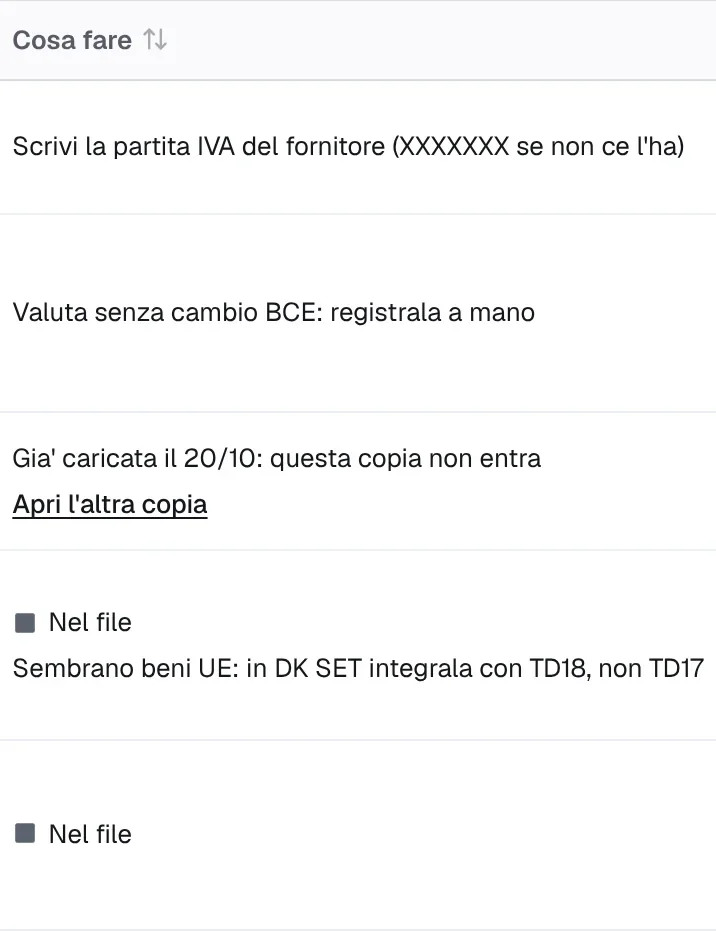 La colonna Cosa fare: una frase per le fatture da sistemare, Nel file per le altre