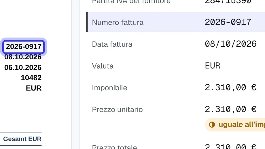 Il PDF di una fattura tedesca con il numero evidenziato, accanto al numero letto da Ivy
