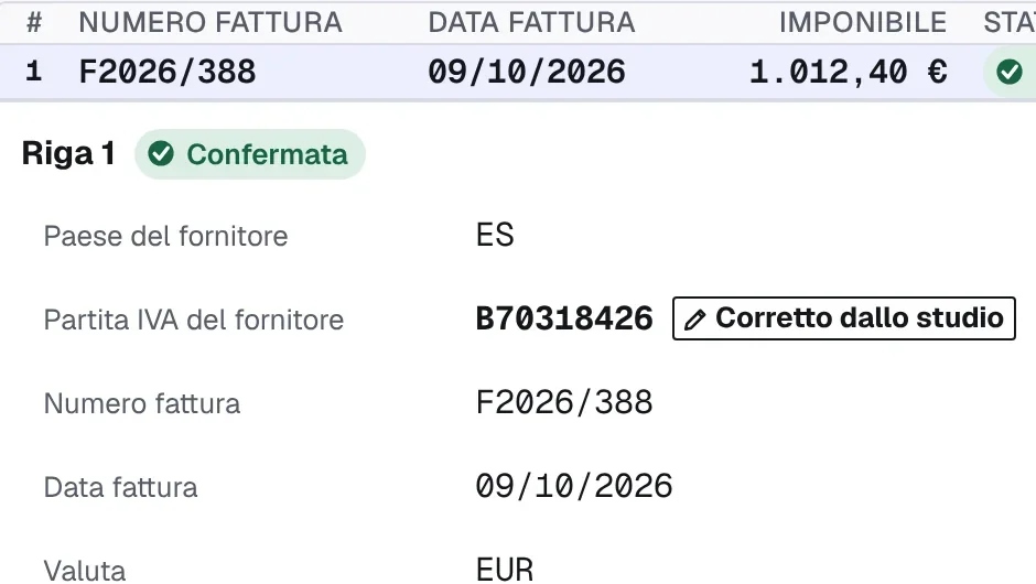 La partita IVA di un fornitore scritta dallo studio, segnata come Corretto dallo studio
